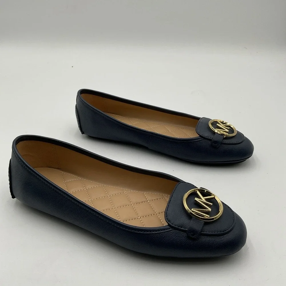 Michael Kors Navy Blue Leather Slip On Flats Logo Medallion Women's Size 8.5